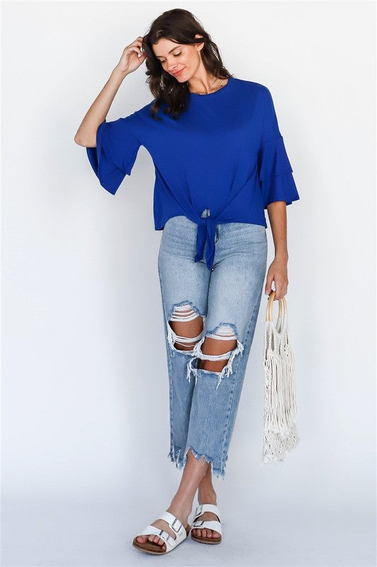 Royal Blue Tie Detail Bell Midi Sleeve Top