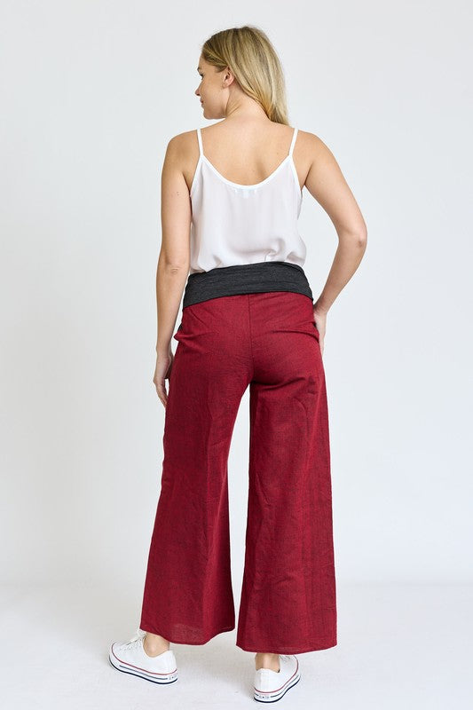 Cotton Linen Wide Leg Pants Fold Over With Pockets