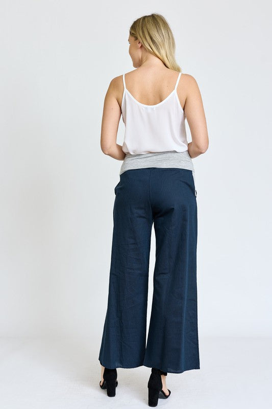 Cotton Linen Wide Leg Pants Fold Over With Pockets